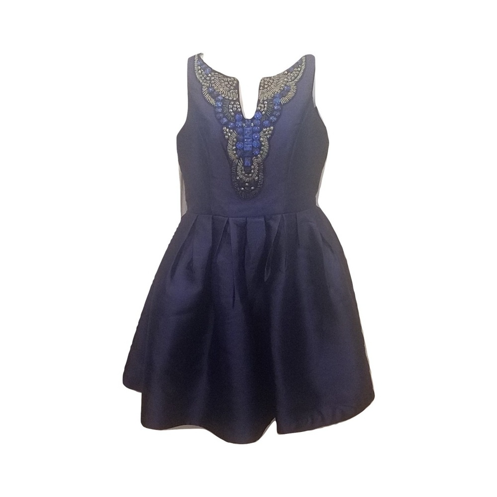 A. Drea Skater Jeweled V-Neck Dress Blue Sz Small